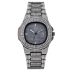 Luxurious black quartz watch featuring full crystal pavé dial, case, and date function
