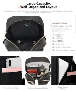 Detalle de mochila de nailon de gran capacidad con compartimentos internos y bolsillo antirrobo