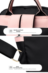 Detalle de costuras reforzadas y anillas metálicas doradas en la mochila de nailon negro