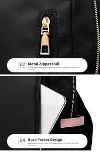 Detalle de mochila Oxford con cremallera dorada y bolsillo antirrobo trasero para móvil