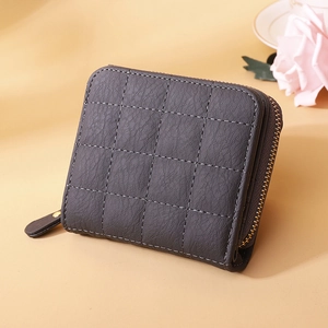 Chic charcoal grey quilted mini wallet for women with golden zipper and embroidery detail