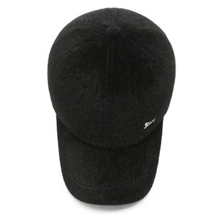 Men's winter faux fur baseball cap in black with ear protection and sport emblem