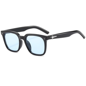Retro square sunglasses with black glossy frames, light blue lenses and silver star accents