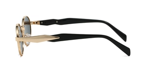 Detailed side view of vintage oval sunglasses with gold frames and comfortable nose pads