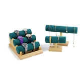 Three-tier wood and green velvet jewelry display stand for watches and necklaces