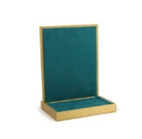 L-shaped gold jewelry display rack with premium dark green velvet lining for necklace storage