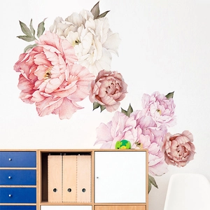 Watercolor peony wall stickers with pink and white flowers for living room decor