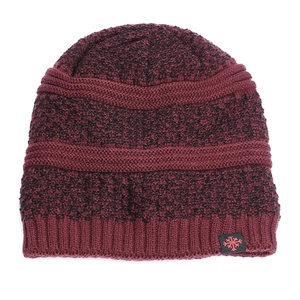 Fleece lined winter beanie hat with red stripes and snowflake patch for outdoor skiing