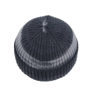 Top view of charcoal grey and light grey striped rib-knit beanie with a round crown