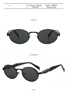 Detail view of retro oval sunglasses featuring black frames and dark grey lenses