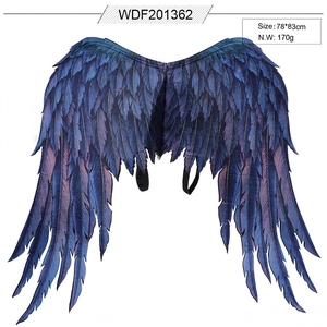 Detail view of large 78x83cm blue and purple feather wings with elastic shoulder straps