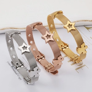 Adjustable stainless steel mesh bracelet set with moon and star pendants in gold and silver