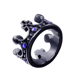 Detailed shot of black stainless steel crown ring featuring cross pattern and blue crystals