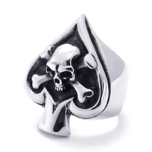 Vintage Poker Spades Skull Ring 316L Stainless Steel Punk Gothic Retro Blackened Men Biker Jewelry Accessory