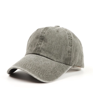 Close-up of dark grey washed cotton baseball cap showing detailed stitching and fabric texture