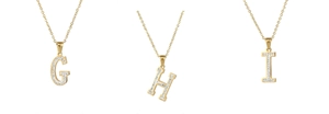 Detail showing 18k gold plated G, H, I letter pendants with sparkling micro-inlaid zircon