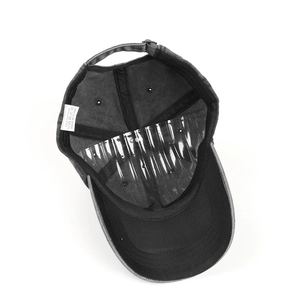 Washed dark grey 100% cotton baseball cap with interior structure and quality stitching