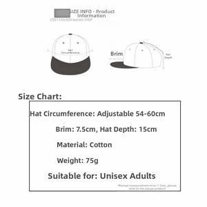 Size chart for adjustable cotton baseball cap showing 54-60cm circumference and depth