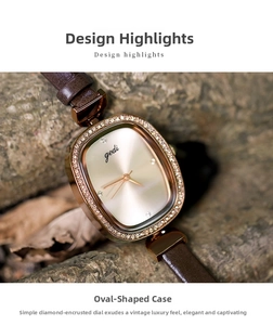 Macro detail of rose gold oval watch case with sparkling rhinestones and brown leather strap