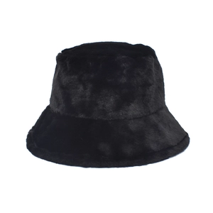 Furry black faux mink bucket hat for women with soft plush texture for winter warmth