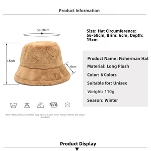 Detailed size chart for faux fur bucket hat with measurements in 56-58cm circumference