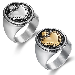 Vintage stainless steel heart signet ring in silver and two-tone gold finish