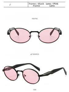 Three-angle view of oval sunglasses with black frames and translucent pink lenses
