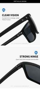 Detail view of reinforced metal hinge and polarized lens on sports sunglasses
