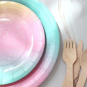 Pink and mint gradient disposable paper plates with gold foil polka dots for parties