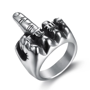 Vintage stainless steel middle finger gesture ring with a retro silver finish