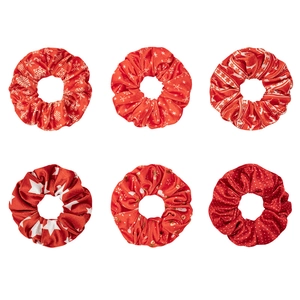 Red velvet Christmas scrunchies with white snowflake and reindeer patterns in 6-pack set