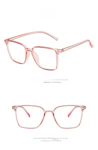 Detail view of transparent pink square frame glasses from both front and side angles