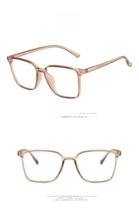 Detailed views of transparent tea square glasses frames showing side and front profiles