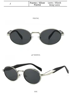 Detailed views of silver oval frame sunglasses with dark grey lenses from multiple angles