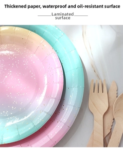 Detail of waterproof gold-stamped pastel rainbow paper plates with oil-proof coating