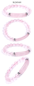 Detailed four-angle view of pink crystal bead bracelet with curved stainless steel bar