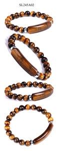 Detail view of Tiger Eye stone bracelet with rectangular center bead and silver spacers
