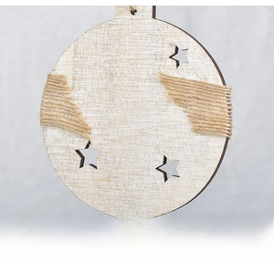 Wooden Christmas tree pendant detail shot, vintage star cutout and natural jute twine decor.