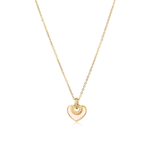 Polished 18K gold plated heart shell pendant necklace with shimmering pink inlay