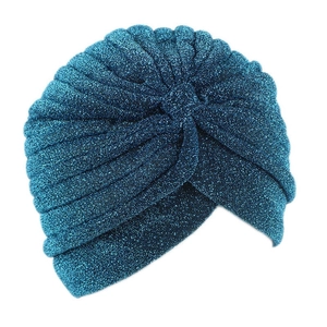Detail of blue turban hat with sparkling glitter threads and metallic fiber texture