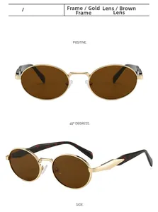 Detailed multi-angle views of gold oval sunglasses with tortoiseshell temples and tea lenses