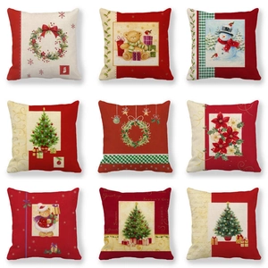 Set of 9 Christmas linen throw pillow covers with festive wreath and reindeer patterns