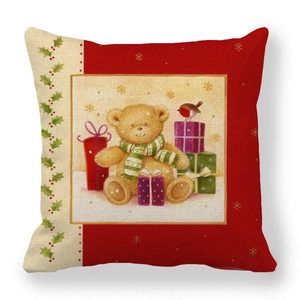 Close-up of linen texture on Christmas pillowcase with teddy bear and gift box design