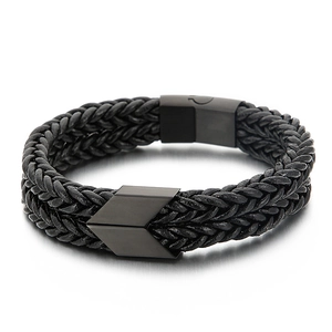 Men's double-layered black braided leather bracelet with matte stainless steel arrow buckle