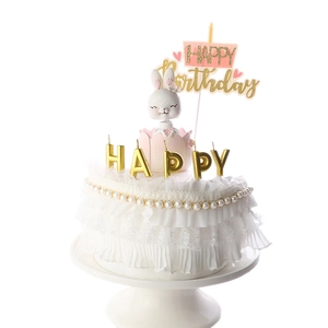 Birthday cake topper set with gold glitter Happy Birthday sign and cute rabbit doll