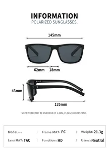 Size chart showing dimensions of sports polarized sunglasses with PC frame and TAC lenses