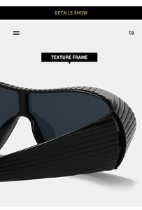 Macro detail of steampunk sunglasses featuring black textured frames and sleek grey lenses