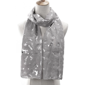 Grey Christmas scarf with silver reindeer and snowflake prints on a soft chiffon fabric