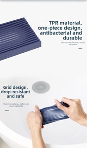 Detailed view of dark blue TPR soap dish showing grid drainage and flexible material