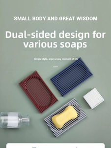 Macro detail of striped silicone soap dish in red, blue and gray with drainage design